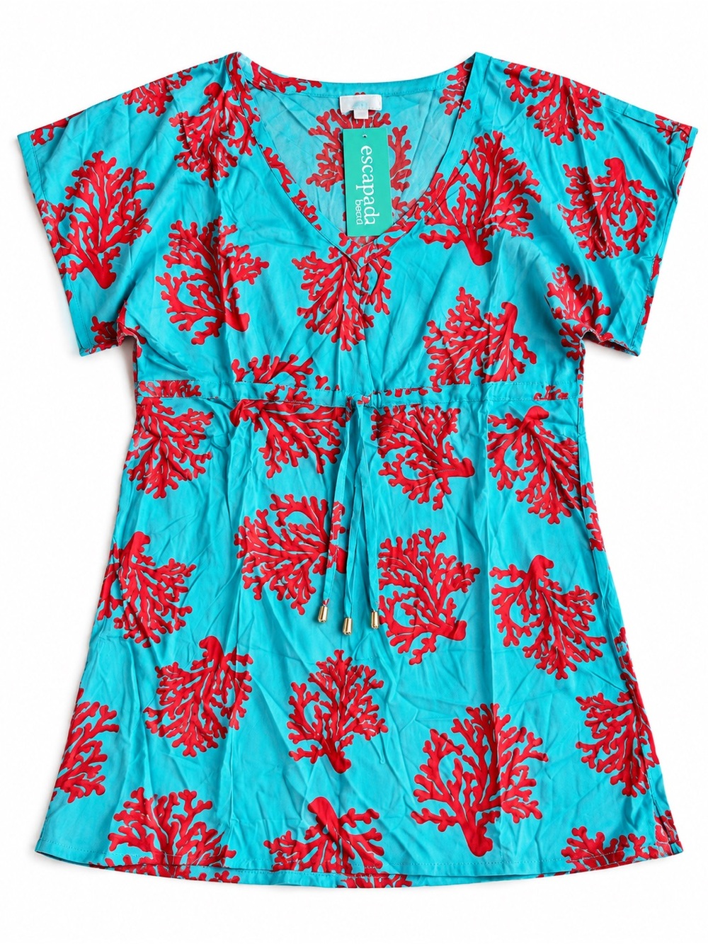 Escapada Beach Tiffany Tunic Top Beach Cover Up Aqua Coral Reef Print Large